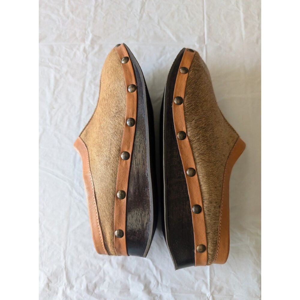 J.Jill Hair-On Leather Clogs Mules Size 8B Brown Studded Wedge Slip On